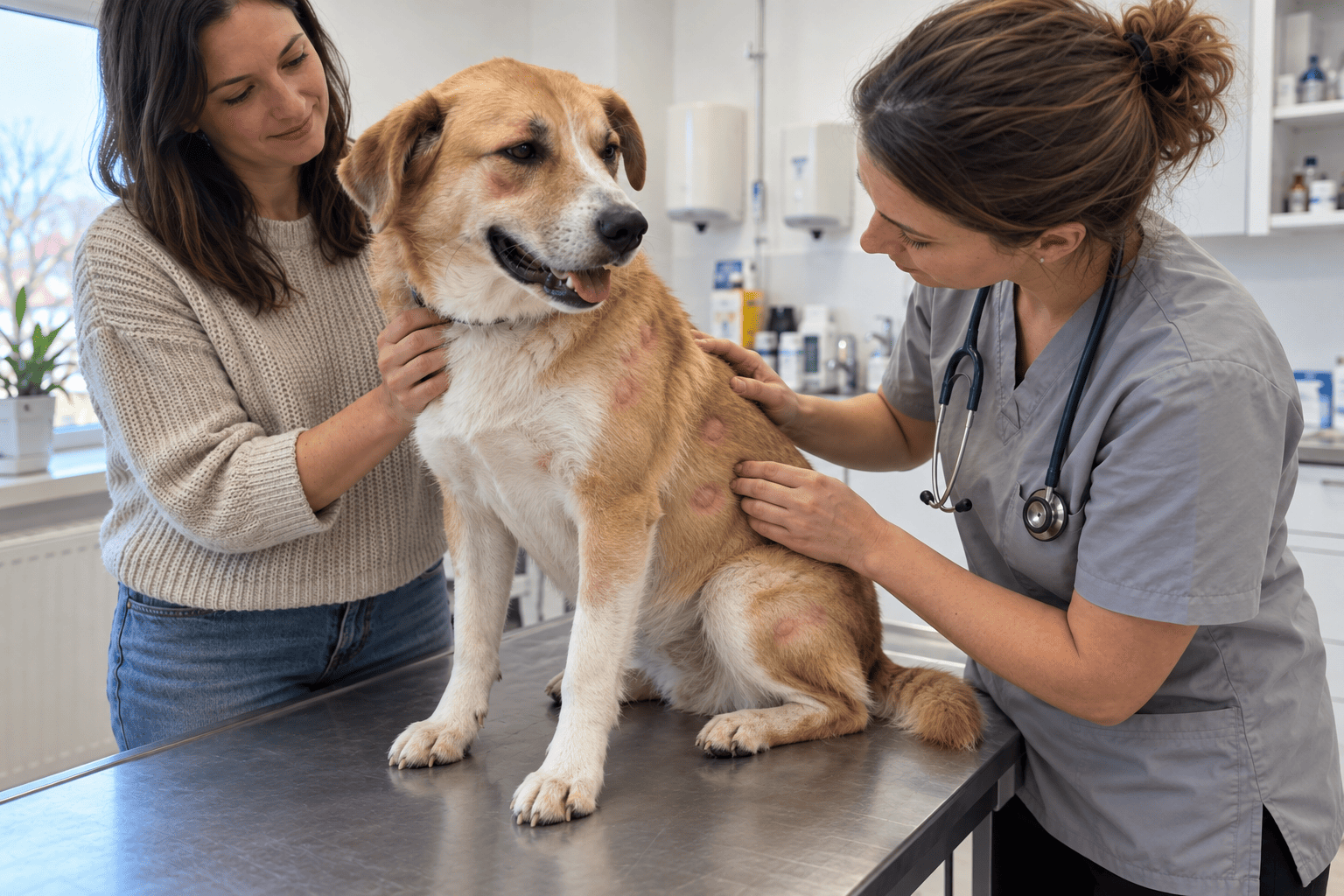 Veterinár vyšetruje psa s opuchom na viacerých miestach tela